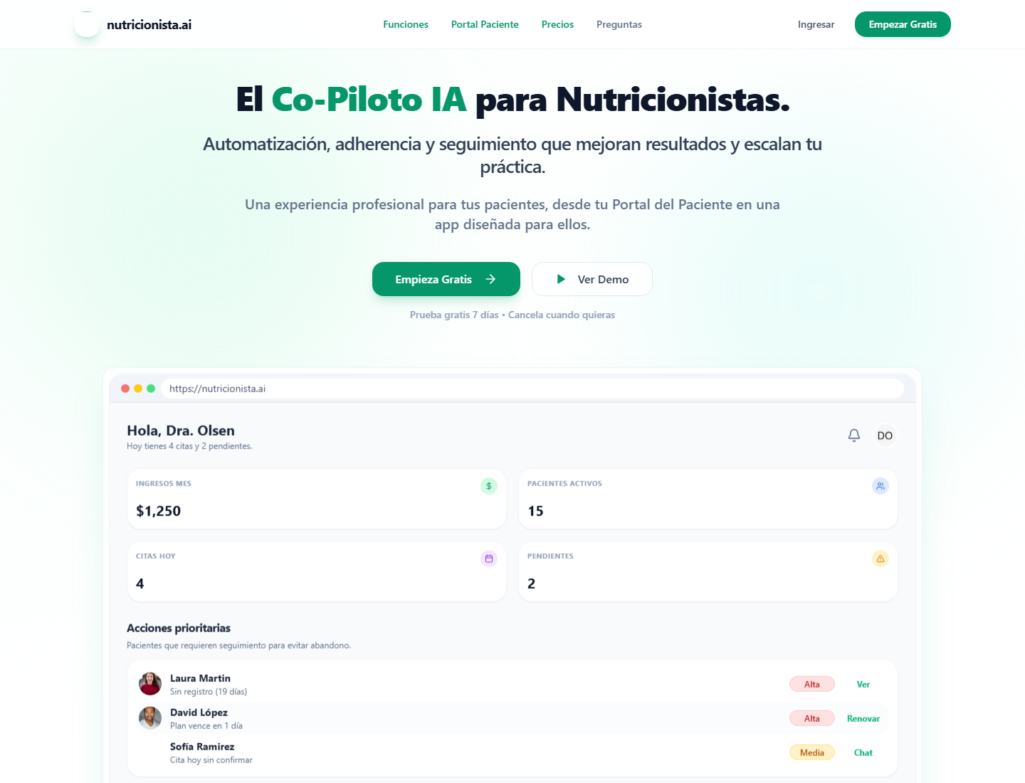 nutricionista.ai public product surface and dashboard preview