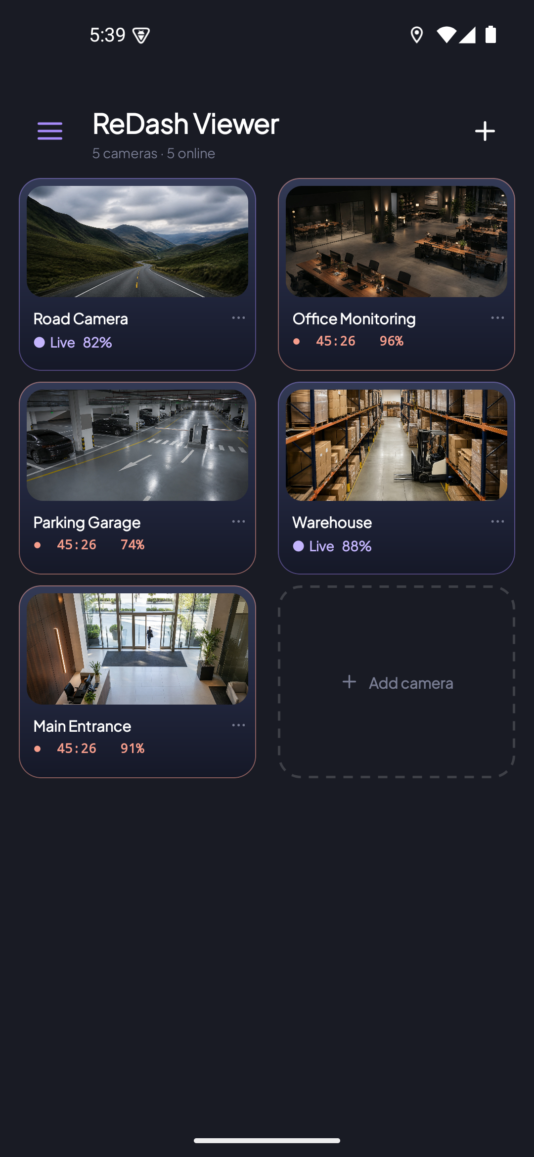 ReDash Viewer dashboard with five distinct live camera previews