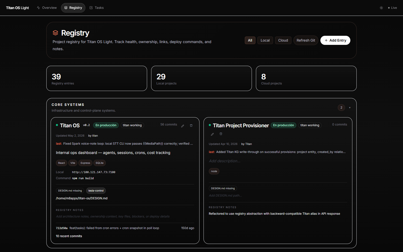 Titan OS Light live project registry